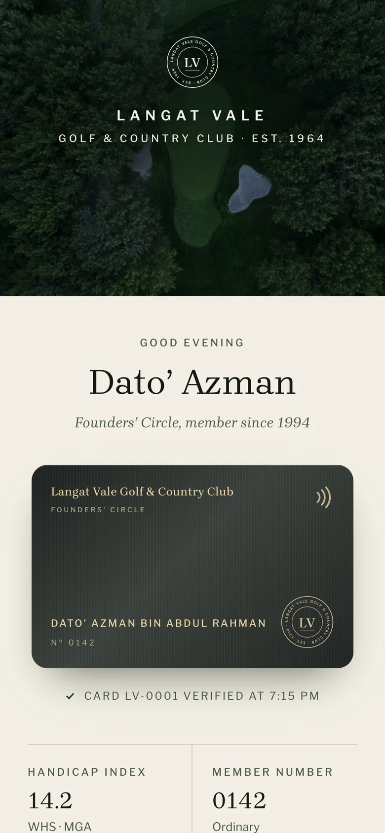 The member page that opens after a tap
